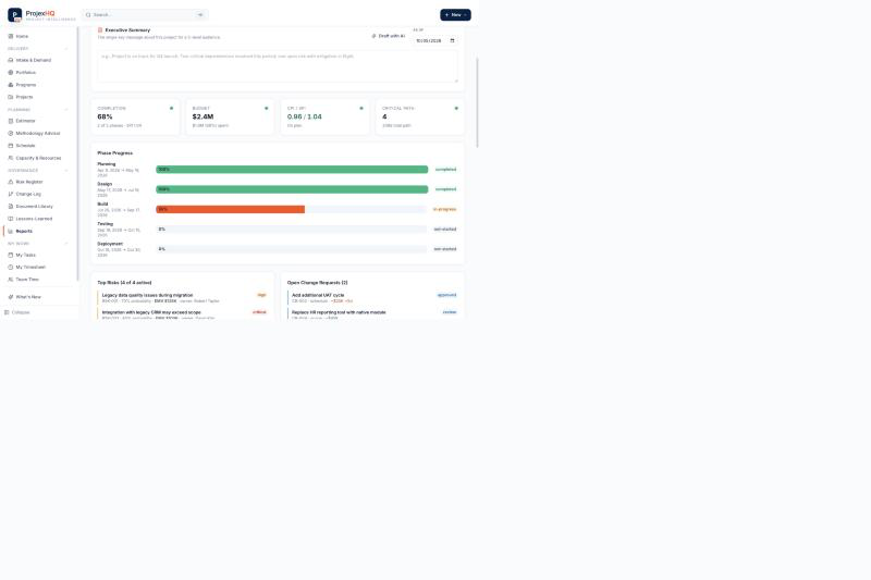 ProjexHQ project status report with Draft-with-AI executive summary and KPI health tiles