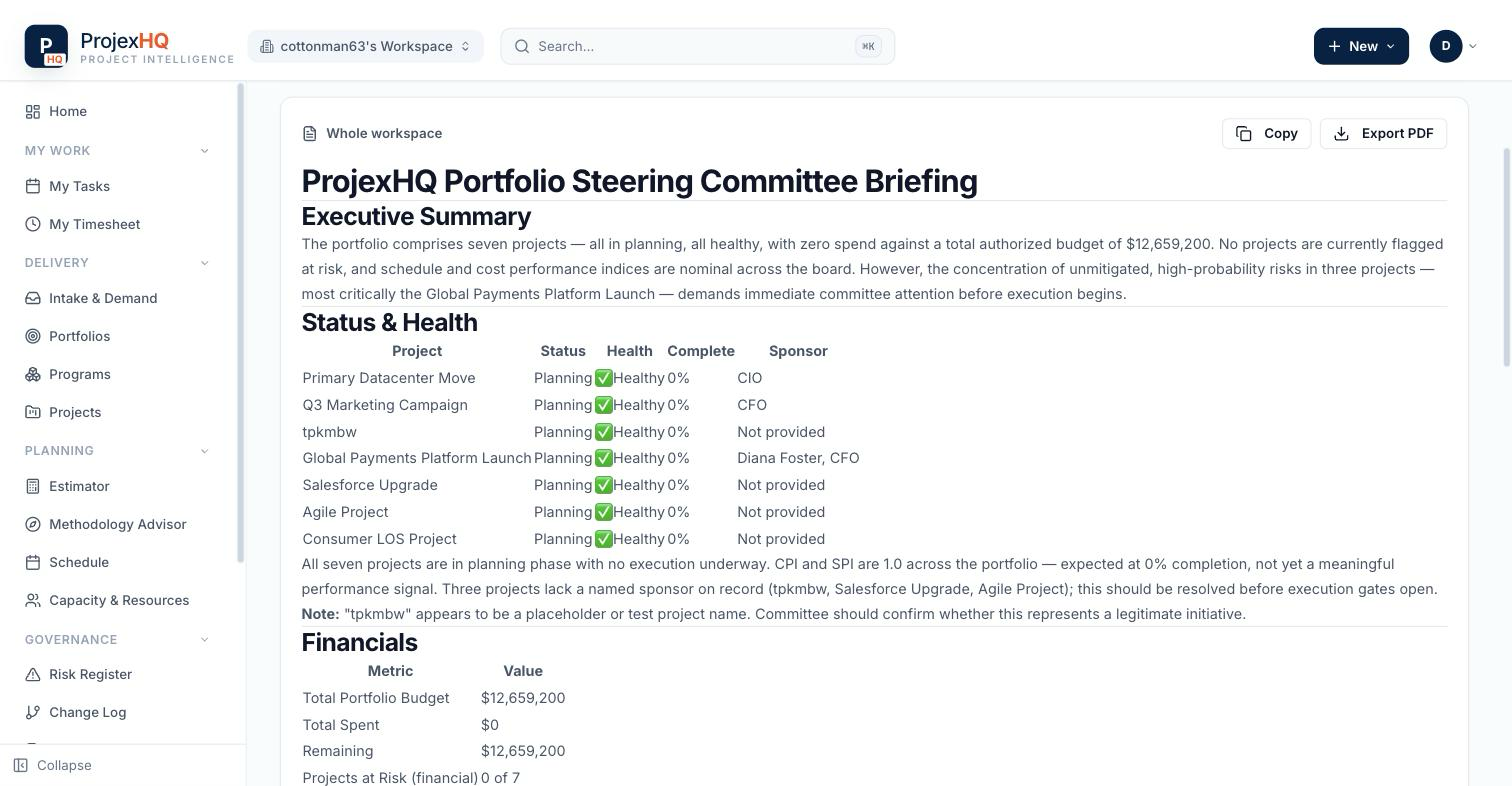 ProjexHQ AI-generated portfolio steering committee briefing