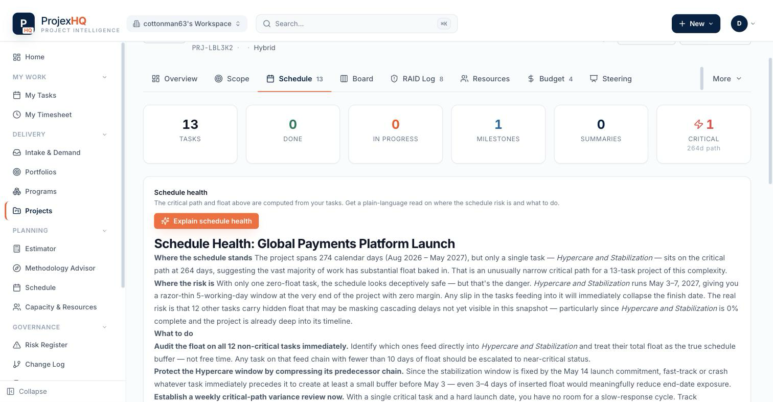 ProjexHQ AI schedule-health explanation with critical path risk and recommended actions